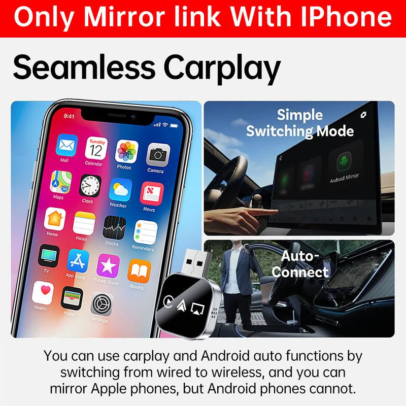 Wireless Carplay Mirror Link Adapter Instant Wired to Wireless Conversion Plug & Playmini Stable Design for Wired Carplay,Airplay