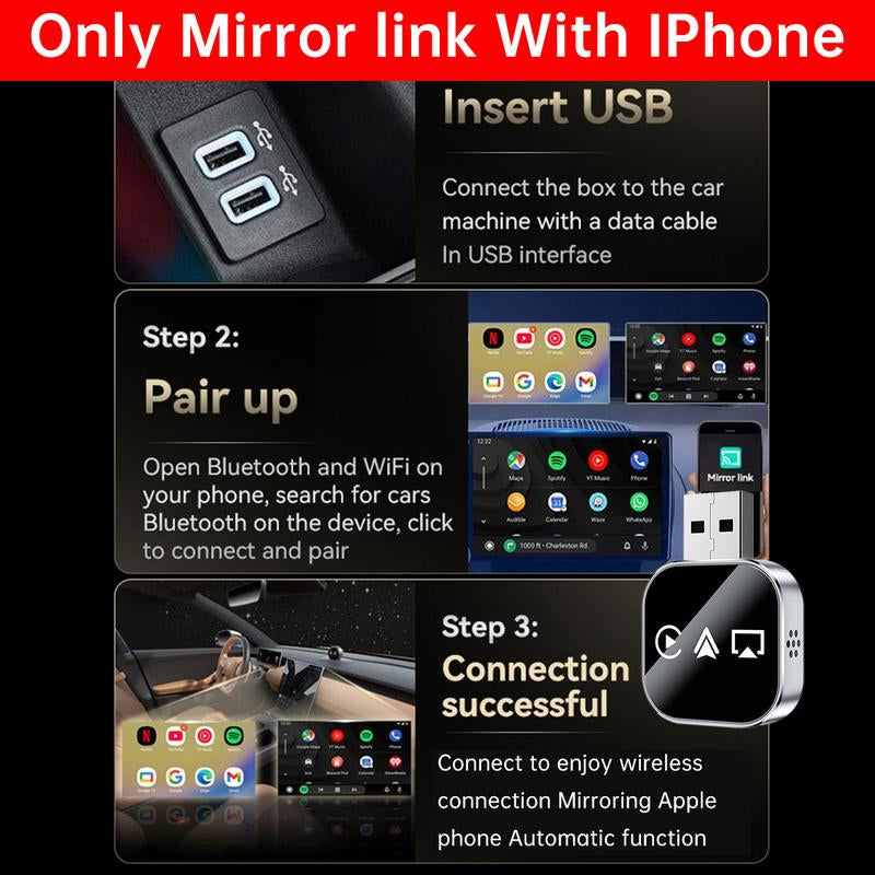 Wireless Carplay Mirror Link Adapter Instant Wired to Wireless Conversion Plug & Playmini Stable Design for Wired Carplay,Airplay